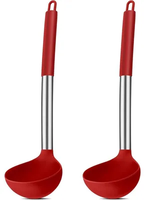 Zdjęcie produktu dla Zestaw dwóch łyżek do zupy, silikonowe, ze stalą nierdzewną, rączka 30 cm, kolor czerwony