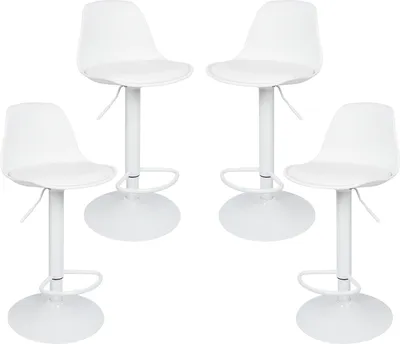 Four white bar stools are arranged in a grid formation against a white background.