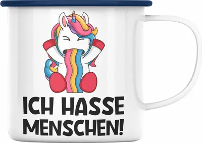Produktbild von Trendation - Ich Hasse Menschen Emaille Tassen Emaille Tasse Becher Emaille Emaille Tasse Einhorn Lustig Spruch Geschenk Frauen Männer (Blau)