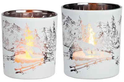 Produktbild von Glas Windlichter 2er Set Winter-Wald Teelichthalter Ø 7 x 10 cm weiß