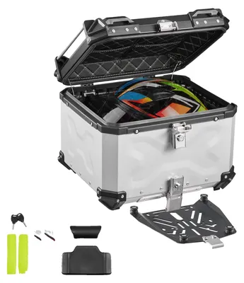 Immagine prodotto di VEVOR Bauletto per moto, 55 litri, bauletto posteriore universale in alluminio, impermeabile, removibile, con serratura di sicurezza, strisce riflettenti, guscio rigido e fodera in pelle per il vano porta casco