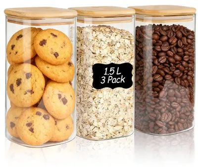 Productafbeelding van Set van 3 glazen containers voor het n van voedsel, met bamboe deksels, inhoud 1500 ml