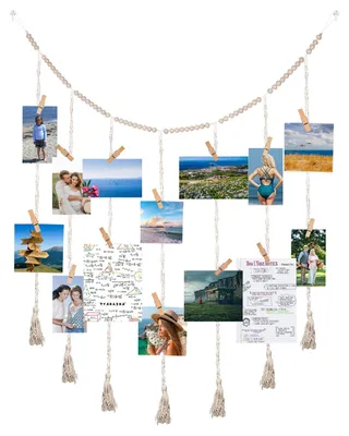 Productafbeelding van Makramee fotowand - Wanddecoratie - Fotocollage met 45 clips voor woonkamers - Beige