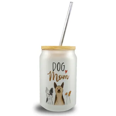 Produktbild von Dog Mom Trinkglas mit Bambusdeckel mit Spruch
