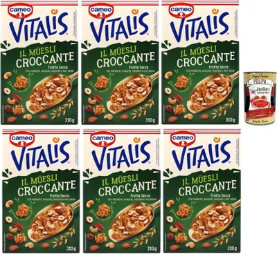 Produktbild von Cameo Vitalis Muesli Croccante Frutta Secca, Müsli knusprige getrocknete Früchte mit Ganzhöfenflocken Hafer Mandeln Anacardi Haselnüsse und Pekannusswalnüsse, 6x 310 g + Italian Gourmet polpa 400g