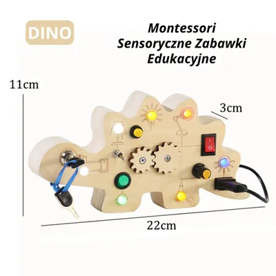 Zdjęcie produktu dla Zabawka sensoryczna Montessori z drewna – Panel Busy Board Dino dla dzieci od 3 lat – Tablica z przyciskami