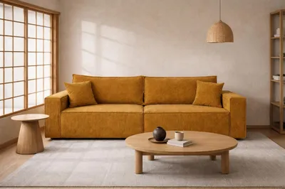 Zdjęcie produktu dla Sofa z funkcją spania i pojemnikiem, tkanina sztruksowa Poso, Musztardowy, BEST SCORNER