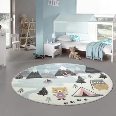 Produktbild von Kinderzimmer Teppich - Bären auf dem Campingplatz - creme blau Größe - 120 cm Rund