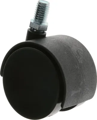 A black caster wheel with a silver threaded bolt is shown against a white background.