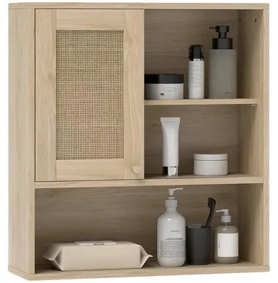 Image de Armoire murale, meuble de salle de bain haut avec porte coulissante, étagères ouvertes, couleur vert armée