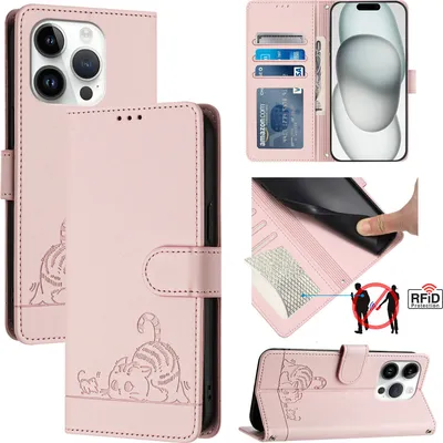 Produktbild von Leder Hülle für iPhone 15 Pro Süße Katze Flip Case Brieftasche Schutzhülle mit Standfunktion Pink