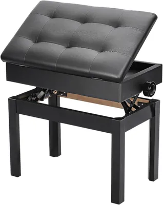 Imagen del producto de Banco para piano, 56 x 33,5 x 58 cm. Altura ajustable, tapizado en cuero sintético (PU). Cojín acolchado. Espacio de almacenamiento. Compartimento para objetos. Taburete. Color: