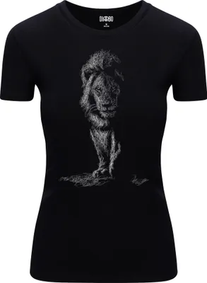 Produktbild von Diarbo Damen T-Shirt mit Tierliebhaber Druck Skizze eines Jagdlöwe Schwarz Gr.M