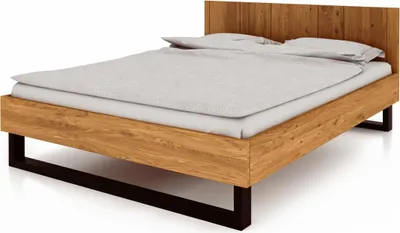 Produktbild von Bett Leeds aus Wildeiche massiv 200x200 cm mit Holzkopfteil und Metallkufen