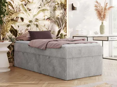 Produktbild von MKS MEBLE Boxspringbett 90x200 ZERO mit Bettkasten und Multipocket-Matratze - Polsterbett ohne Kopfteil, 7-Zonen-Taschenfederkern - Hellgrau Cord - H3 - Topper T25
