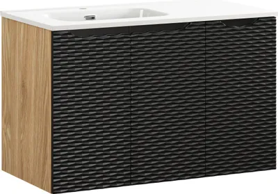 Zdjęcie produktu dla Szafka Łazienkowa 90 Cm Czarny Mat Dąb + Umywalka Ceramiczna 91 Cm