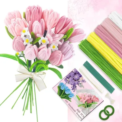 Produktbild von Pfeifenreiniger Blumen Bastelset 400 Stück Chenilledraht für DIY Blumenstrauß Dekorationen Rosa Grün Weiß Gelb