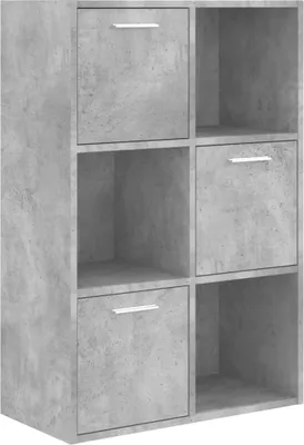 A concrete-effect storage cabinet with six compartments, three of which have drawers.