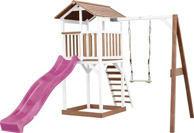Immagine prodotto di AXI Beach Tower parco giochi in legno in marrone e bianco | Torre di gioco con sabbiera, altalena e scivolo viola | Casa per bambini su palafitte per il giardino