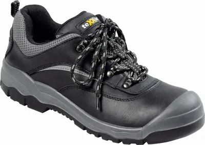 A black and gray safety shoe is shown against a white background.