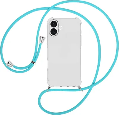 Produktbild von Handykette Backcover-Schutzhülle mit Band (Metall silberfarben) für iPhone 16 Plus - türkis