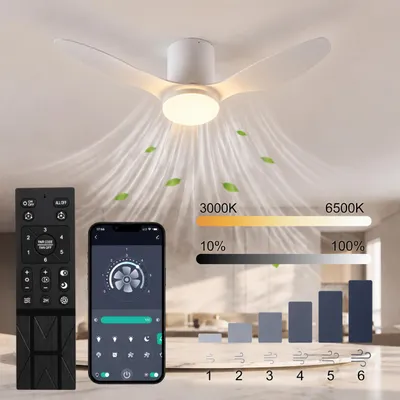 Produktbild von LED Deckenventilator mit Beleuchtung 52 Zoll Weiß, leisem 30W DC Motor, 6 Windstufen, APP & Fernbedienung, Sommer, 3 Lichtfarben, Stufenlos Dimmbar