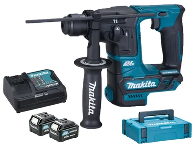 A cordless rotary hammer drill kit with accessories, including batteries, a charger, and a storage case, displayed on a white background.