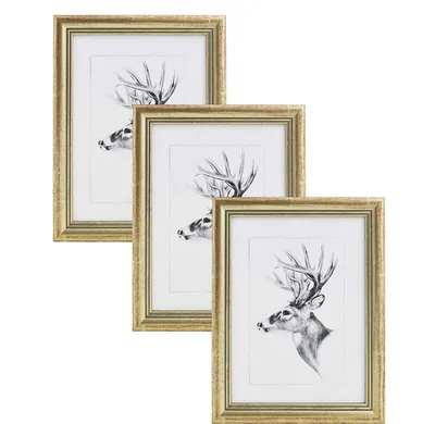 Three gold picture frames with deer artwork, arranged diagonally.