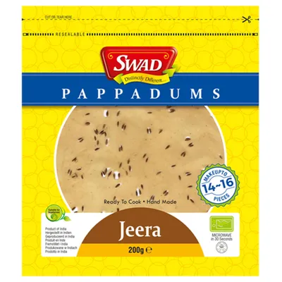 Produktbild von 200g Swad Papadams Pappadums mit Jeera Kreuzkümmel Jeera Cumin