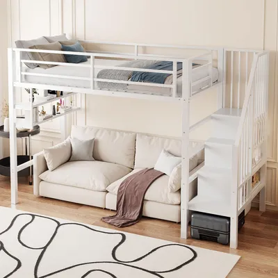A white metal loft bed with a sofa underneath, a rug, and some decorative items.
