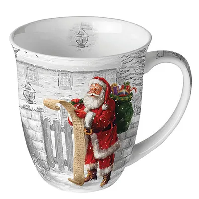 Produktbild von Kaffeebecher Tasse 'Wunschliste', Weihnachtsmann, 0,4L, Küche, Porzellan Bone China Becher Weihnachten
