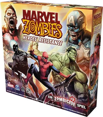 The image shows the box of the Marvel Zombies: Heroes' Resistance board game, featuring artwork of zombie versions of Marvel superheroes.