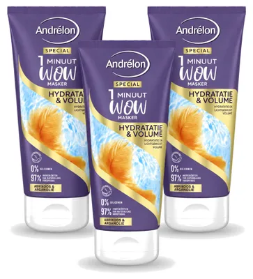 Produktbild von 3 x Andrélon WOW 1-Minuten-Masker Hydratatie & Volumen - 180 ml - Vorteilspackung - 3 Stücke
