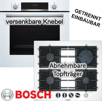 Produktbild von Herdset BOSCH Backofen weiß Schnellaufheizung + Gaskochfeld Einhandzündung autark 60cm