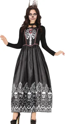 Produktbild von Skelett Königin Halloween Kostüm Gothic Grusel Horror Maskenparty Schädel Fest, Größe: 42 - 44 (L) Farbe: Schwarz