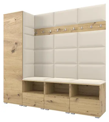 Produktbild von Garderobe NELA IX 200 cm Modulare Flurmöbel Artisan Eiche mit Sitzpolster Creme 01 (Breite Sitzbank)