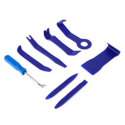 Productafbeelding van 8-delige set auto-interieur demontagetools, inclusief hefbalken van 6 inch, voor het verwijderen en repareren van audio- en navigatiesystemen. Blauw van kleur