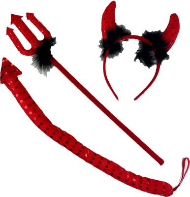 A devil costume set including horns, a tail, and a trident, all in red with sequins.