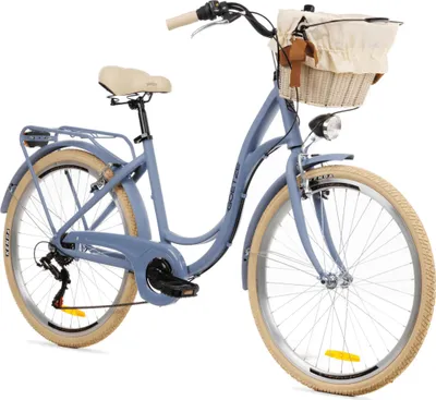 Produktbild von Goetze Mood 26 Zoll City Bike, 17 Zoll Tiefeinsteiger, 6-Gang Shimano Tourney, V-Bremse, LED-Beleuchtung, Gepäckträger, Korb mit Bezug