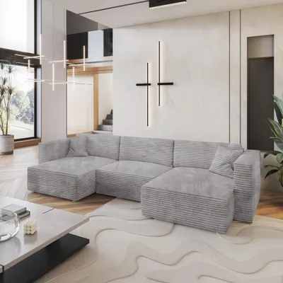 Produktbild von Masseno Ecksofa SARMO mit Schlaffunktion U-Form, Sofa mit Bettkasten, Wohnzimmersofa, Couch, Soffa, Bettsofa, Couchgarnitur- Hellgrau, TILIA 86