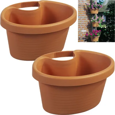 Two brown planters are shown against a white background, with a small inset image showing planters mounted on a brick wall with flowers.