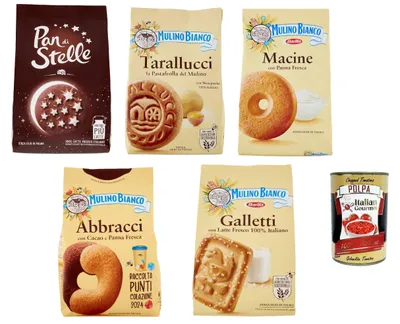 Produktbild von Mulino Bianco Biscotti Testpaket 5x 350g Italien kekse biscuits cookies kuchen, Frühstückskekse, Kakao -Keks Haselnüsse und 100% Frischmilch + Italian Gourmet polpa 400g