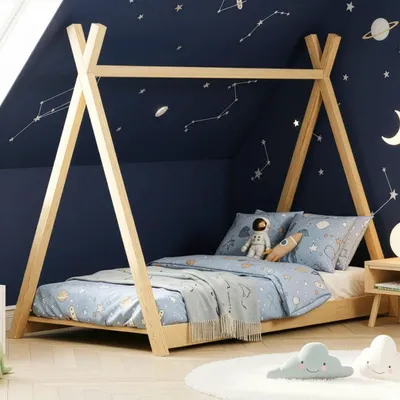 Produktbild von MEBLE WRÓBEL Kinderbett Tipi 90x200 cm | Bett aus Kiefernholz | Montessori | Hausbett für Mädchen und Jungen | Abgerundete Kanten