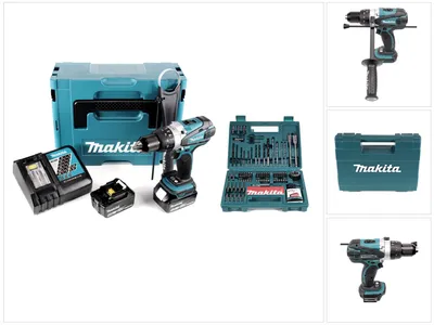 Produktbild von Makita DHP 458 RTJ Akku Schlagbohrschrauber 18V 91Nm im Makpac + 2x 5,0 Ah Akku + Ladegerät + Makita Bit & Bohrer-Set 100-teilig