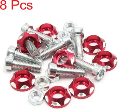 Image de 8pcs rouge boulon vis plaque immatriculation métal sculptés décorative pour moto auto