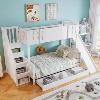 Obrázek produktu pro Dvoupatrová postel se skluzavkou, rozměry 90x200/120x200 cm, bílá, vyrobená z borovice, MDF a překližky, s úložným prostorem v konstrukci schodiště a zásuvkou