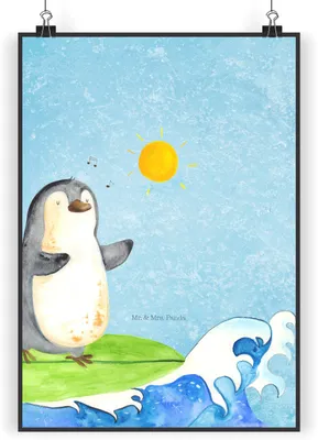Produktbild von Mr. & Mrs. Panda Bild Pinguin Surfer DIN A3 - Eisblau - Geschenk, Optimistisch, drucke, wanddeko, Hawaii, Portugal, Urlaub, Wandbild, Surfen, Motiviert, Plakat