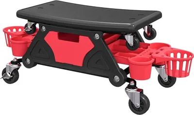 Obrázok produktu pre Fortuna Lai dielenská stolička s odnímateľným sedadlom na kolieskach, odkladacou plochou, zásuvkou, výška 33 cm, nosnosť 135 kg, pracovná stolička, dielenská stolička na kolieskach, červená farba