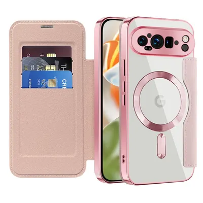 Produktbild von Klapphülle für Google Pixel 9 Pro Kompatibel mit Magsafe, Klar Überzug Kartenhalter Ledertasche mit Kameraschutz Pink