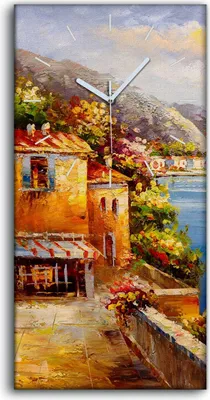 Produktbild von Wandbild Leinwand Bilder mit Uhr 30x60 Malerei Stadt Gebäude Meer Küste Blumen - weiße Hände